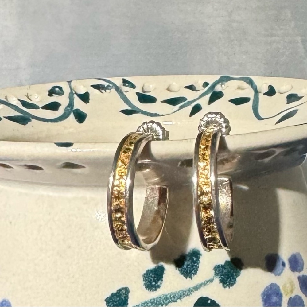 14K gold nugget and sterling silver open hoop earrings